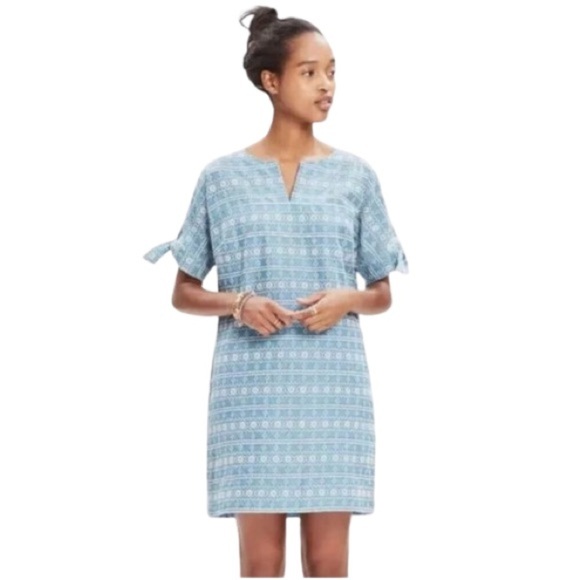 Women's XXS Madewell Blue Embroidered Tie-Sleeve Dress Mini Summer Dress - Picture 1 of 11